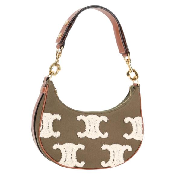 CELINE Triomphe Ava Shoulder Bag Canvas Leather Pile Khaki Gold - Picture 1 of 12